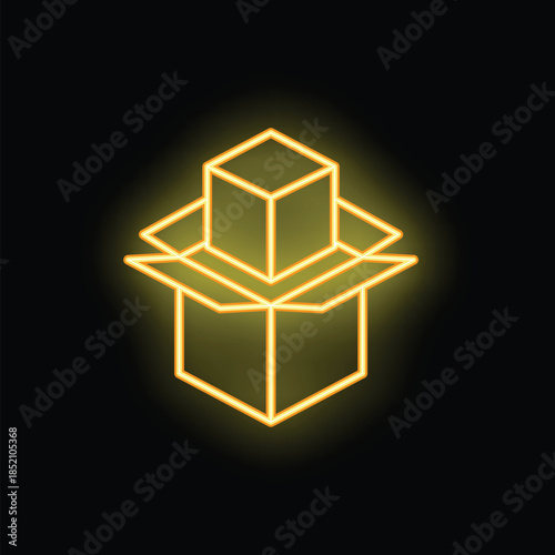 Yellow neon sign of an open cardboard box with a cube inside, on a black background