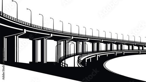 Urban highway overpass illustration, black and white, multi-level road, curved structure, civil engineering, infrastructure design, architectural sketch, city traffic system