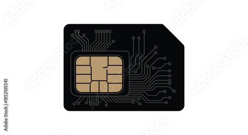 Detailed view of a black sim card with golden chip and circuitry silhouette