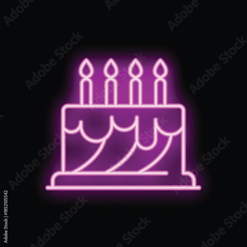 Bright pink neon sign showing birthday cake with four lit candles on top