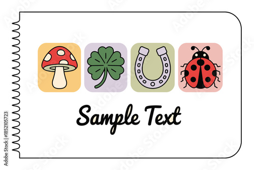 A collection of symbols for good luck on a notebook page.