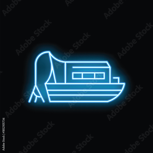 Blue neon sign showing a barge moored on a canal at night
