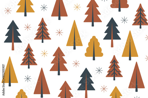 A minimalist pattern of stylized evergreen trees and snowflakes in warm autumn colors.