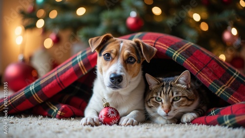 Jack Russell Terrier and Tabby Cat Cozy Under Plaid Blanket with Christmas Tree Lights