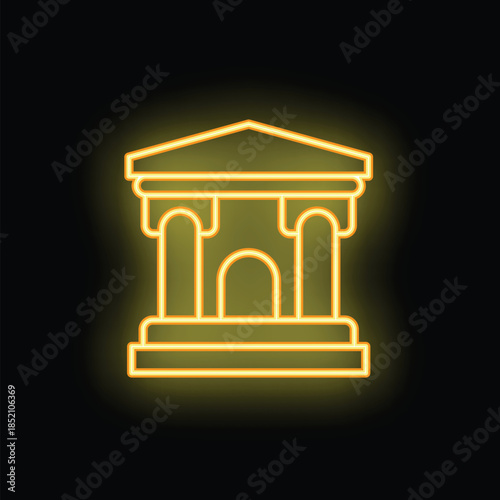 Yellow neon sign representing a courthouse with pillars, glowing on a black background