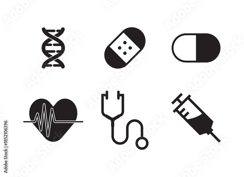 Monochrome medical icon set featuring DNA, pills, capsule, heart with ECG, stethoscope, and syringe. Clean flat vector symbols ideal for healthcare apps, UI design, infographics, and medical branding