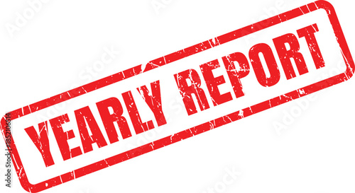 This impactful red rubber stamp with a vintage texture presents the words YEARLY REPORT clearly visible