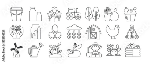 Set of farming and agriculture thin line icons, farm related signs collection, vector illustrations