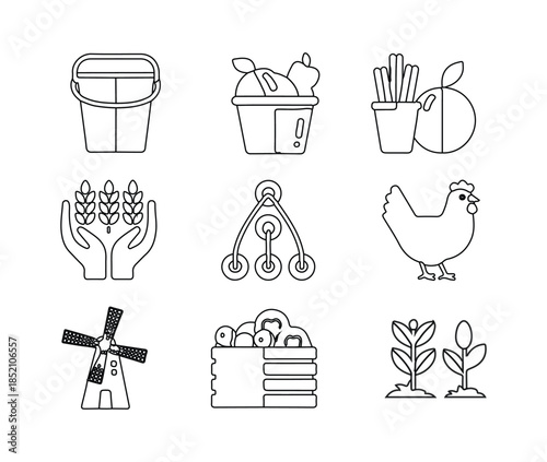 Set of farming and agriculture thin line icons, farm related signs collection, vector illustrations