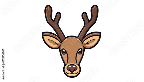 Cartoon reindeer head with brown antlers and friendly expression