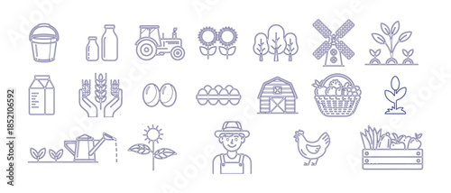 Farm and agriculture line icons with tractor, barn, farmer, chicken, and fresh produce