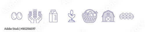 Farm and food production icons including eggs, wheat, milk, and harvest basket