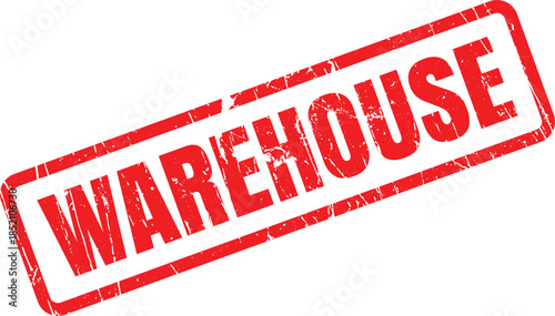 This vibrant red rubber stamp with distressed texture clearly shows the word WAREHOUSE diagonally