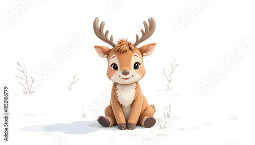 Cute cartoon reindeer sitting in snowy landscape with antlers