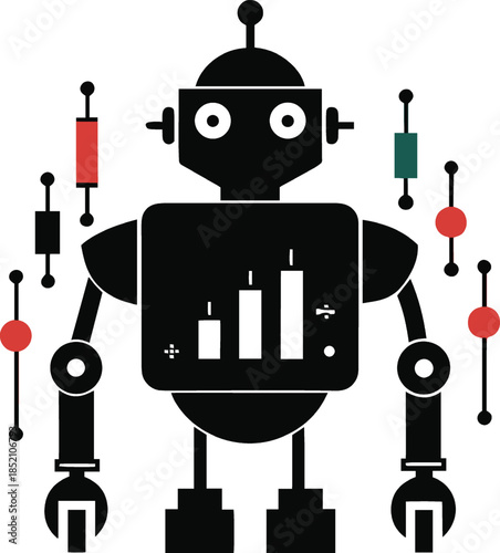Black robot with bar graph on chest isolated on white background