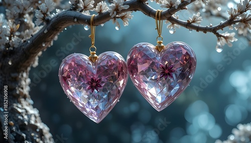 two crystal hearts hanging from a crystal tree