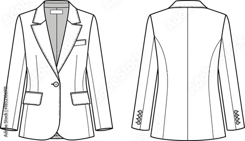 Women's single-breasted blazer technical flat drawing cad project vector. classic tailored jacket fashion design apparel pattern template. minimalist garment outline sketch for digital mockup. Vector