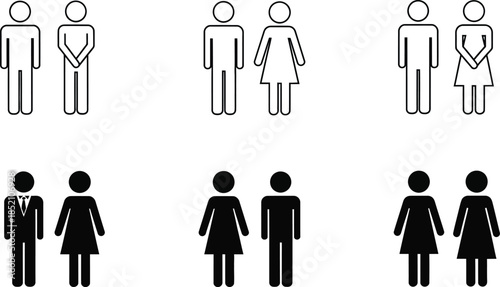 Male and female gender icons set: outline and filled people pictograms for ui design isolated on transparent background, Vector