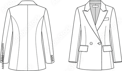 Minimalist cad fashion flat template: women's double-breasted blazer technical drawing with front and back views for apparel design and manufacturing project isolated on transparent background, vector
