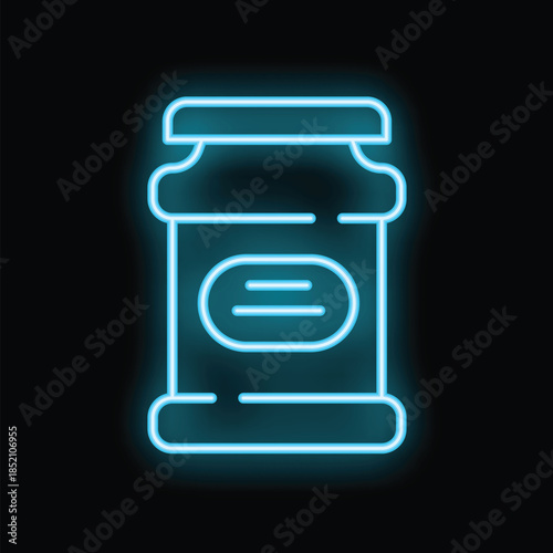 Neon blue jar glowing on black background, ideal for food industry and product advertisement
