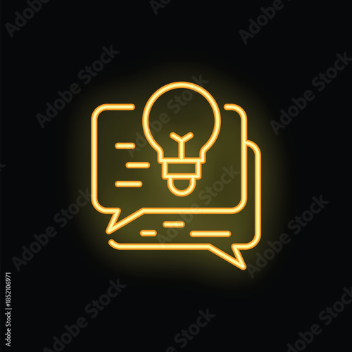 Glowing neon icon of chat bubbles with light bulb representing brainstorming session and finding innovative ideas