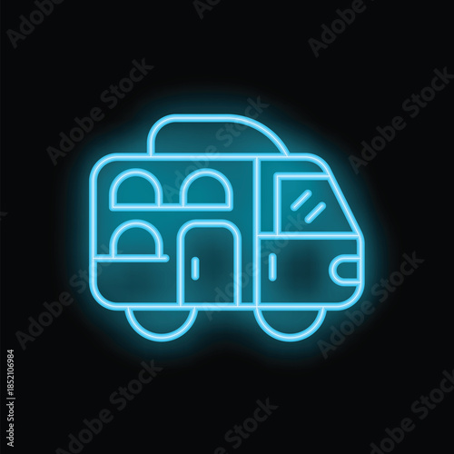 Blue neon sign representing a food truck, reminding of a typical element of the urban landscape