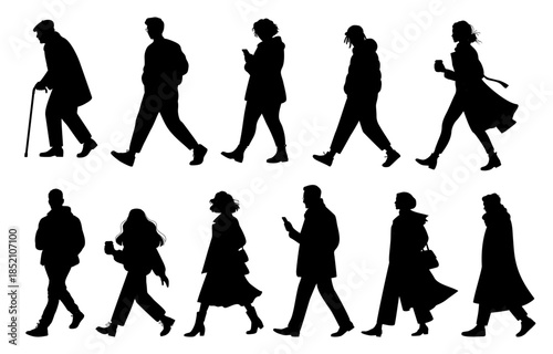 Set of black silhouettes people walking side view, showing movement, diversity, and urban lifestyle. Minimalist flat illustration isolated on transparent background