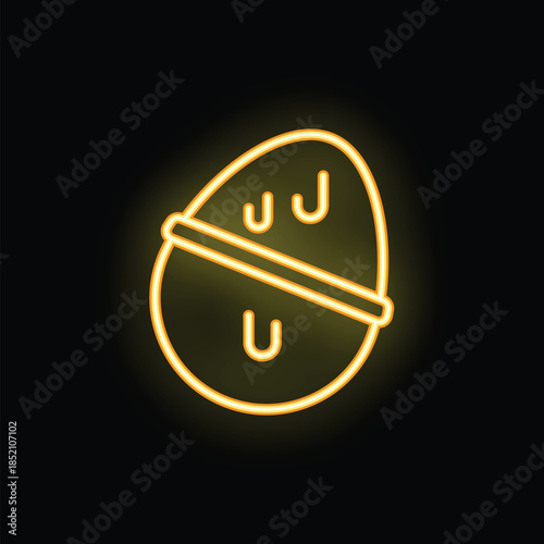 Yellow neon icon of half peeled coconut showing its delicious flesh, isolated on black background