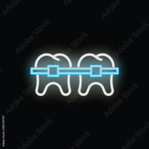 Blue and white neon icon of two teeth wearing braces glowing on black background