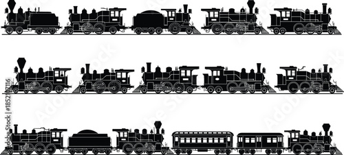 Vintage steam train silhouettes, antique locomotives, historical railway transport, black vector icons, industrial design, retro travel, engineering illustration, transportation
