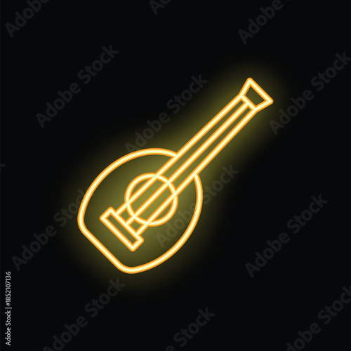 Yellow glowing neon icon of a lute on a black background, perfect for music lovers