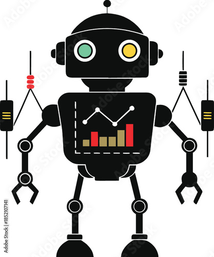 A black robot with colorful graph and tools isolated on white background