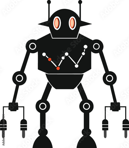 Black robot with red eyes isolated on white background standing tall