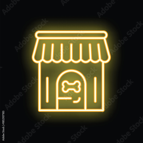 Yellow glowing neon icon representing a dog house with bone sign
