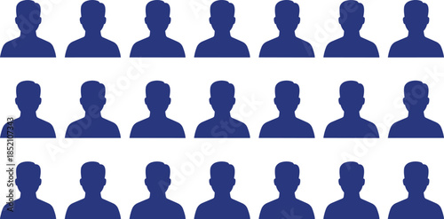 PrintUser profile icons, anonymous avatars, blue silhouettes, demographic symbols, digital identity, vector design, headshot shapes, social data, flat style, minimal art