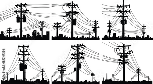 Urban Utility Pole and Electric Wire Silhouette Collection, Vector Set Showing Complex Tangled Power Lines and Transformers Over City and Factory Skyline Backgrounds.