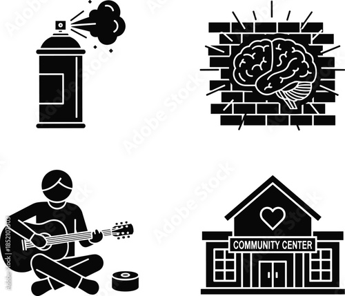 Urban culture icons set, graffiti spray paint can, creative brain wall art, street musician guitar, community center building, black vector
