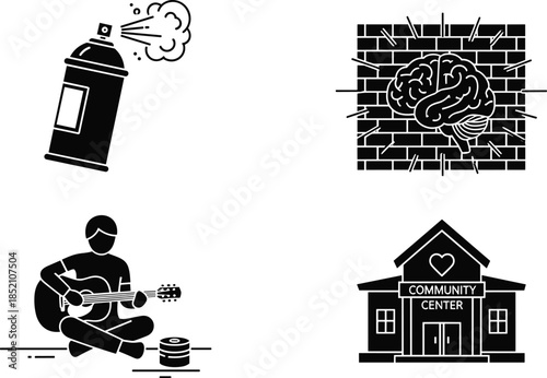 Urban culture vector icons, graffiti spray can, creative brain on wall, street musician, community center building.