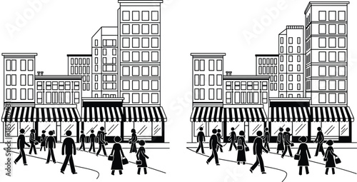 Urban City Street Scene with Walking People Silhouettes, Shops, and Office Buildings in Minimalist Black and White Vector Illustration