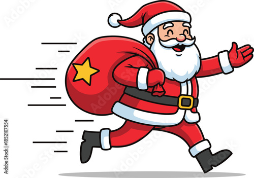 Funny running Santa Claus character carrying heavy red gift sack, waving hand, vector illustration isolated on white for fast holiday delivery.