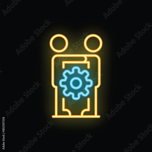 Two businessmen joining forces, holding a gear, representing teamwork and collaboration in a neon style