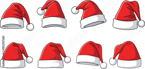 Collection of eight red cartoon Santa Claus hats with white fur trim and pompoms isolated on white background for Christmas holiday design.