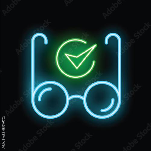 Neon eyeglasses icon featuring a green check mark symbolizing perfect vision, ideal for optometrists and eye care professionals
