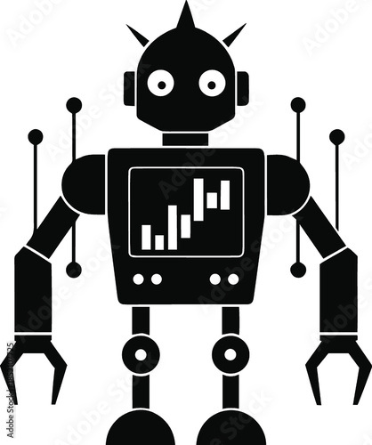 Black robot with graph on screen isolated on white background