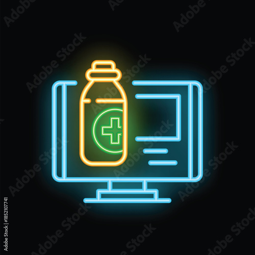 Neon sign showing a computer screen with a medicine bottle on it, representing online pharmacy services