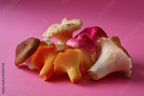 Variety of colorful mushrooms against vibrant pink background