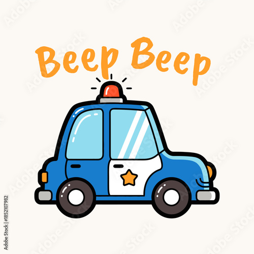 Cute police car cartoon illustration with playful style and bold outline. Perfect for kids t-shirt graphic, children apparel, nursery design, sticker, and fun transportation themed prints.