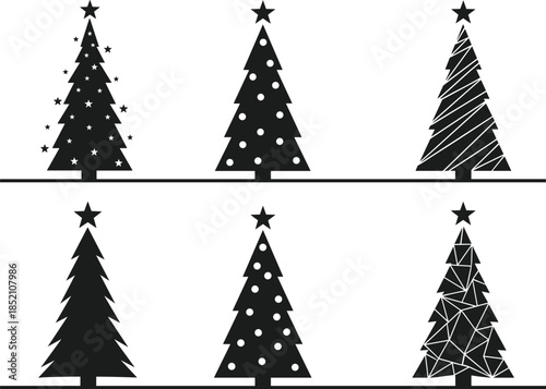 Collection of decorative black Christmas tree icons featuring star, polka dot, and striped textures, isolated on white background for festive holiday vector projects.