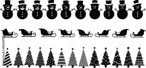 Set of decorative black Christmas tree silhouettes featuring stars, polka dots, and geometric line patterns, vector illustration for holiday design.