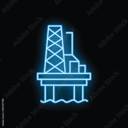 Glowing neon icon of an oil rig extracting oil and gas from the seabed